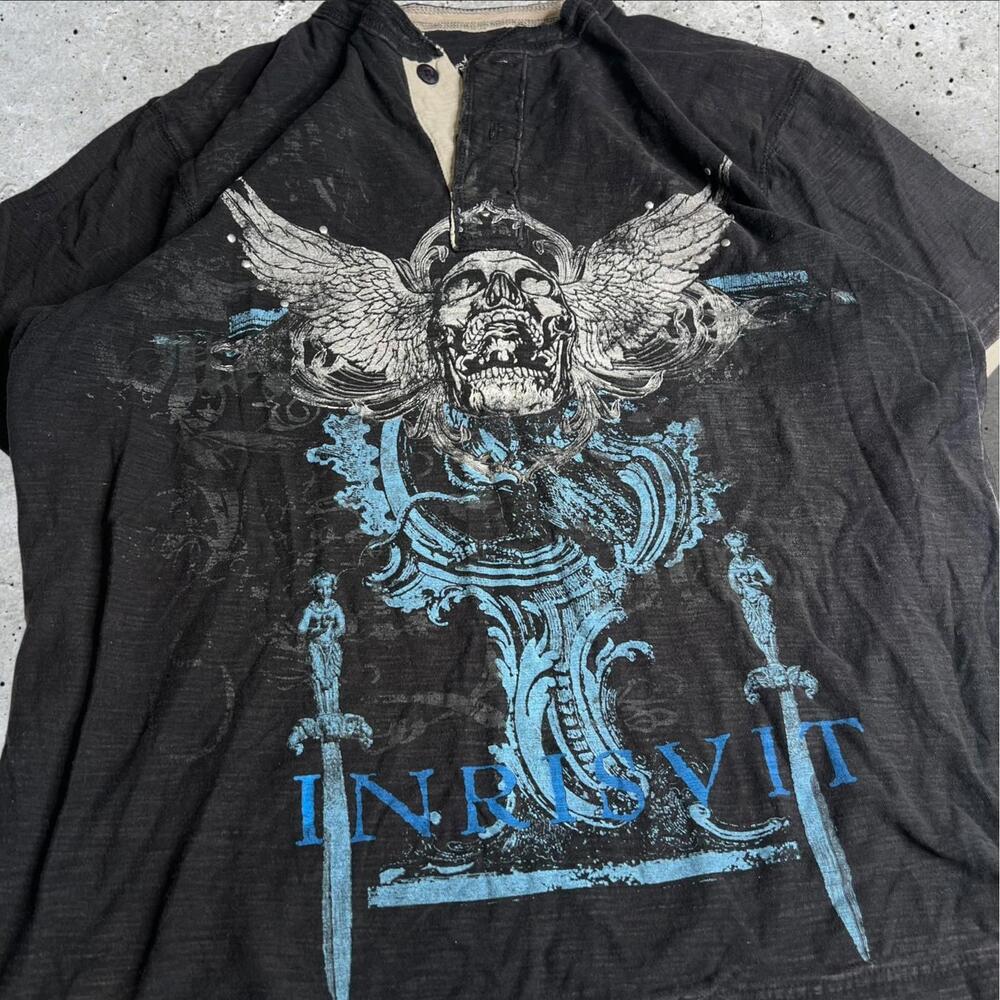 Y2K Affliction Style Skull And Wings Cyber Grunge Graphic Button-up TShirt SizeL
